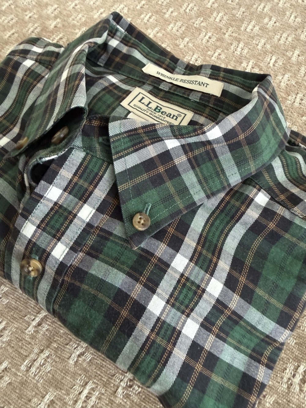 L.L. Bean Green, Black and White Plaid Button-Down Shirt